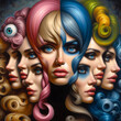 Surreal painting with portraits of women in different wigs.