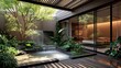 A hidden courtyard oasis accessible through sliding glass doors, featuring a cascading water feature, lush greenery, and comfortable seating for quiet contemplation