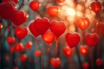 Wall Mural - Bunch of red heart-shaped balloons. Valentines Day celebration concept