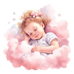 Wall Mural - A little girl with red hair and a bow is sleeping on a pink cloud.