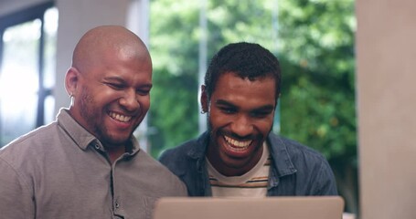 Sticker - Credit card, excited and gay couple on laptop in home in celebration for winning, good news and payment. Winner, lgbtq and happy men on computer for online shopping, internet purchase and banking