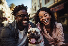 A Multicultural Couple Shares A Laughter-filled Moment With Their Playful French Bulldog On A Vibrant City Rooftop, Illustrating The Happiness Found In Urban Living With Canine Com
