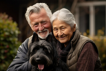 A heartwarming moment as an elderly couple, one with a European background and the other with South Asian roots, shares a gentle hug with their affectionate Scottish Terrier, symbo