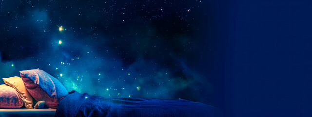 night scene with a cozy bed setting, the pillows and blanket dusted with a celestial pattern, mergin