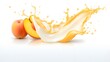 Peach and mango into milk, yoghurt, sour cream, Splash. Fresh fruit yogurt splash with ripe Peach. Healthy breakfast meal label design or advertising element with yogurt, cream, milk and mango