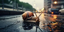  A Snail On The Asphalt Of A Wet Road With Cars