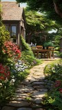 Fototapeta Lawenda - Beautiful summer garden with flowers, bushes and stone path to the house, summer vacation