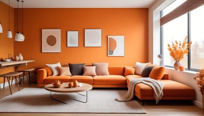 Wall Mural - Cozy modern colorful orange interior design of a living with bright warm colors and fluffy textiles, natural earthy tones, warm autumn vibe