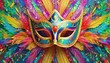 máscara de carnaval centralizada com penas coloridas e adornos, em um fundo colorido
