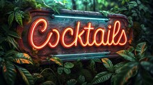 A Neon Sign Saying "Cocktails" Surround By Green Leaf Trellis 