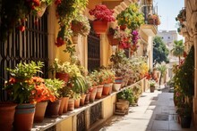 Colorful Different Flowers In Pots On Balcony Or Terrace, Bright Balcony With Flowers