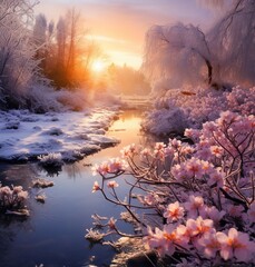 Canvas Print - Snow covered landscape with a river and cherry blossoms