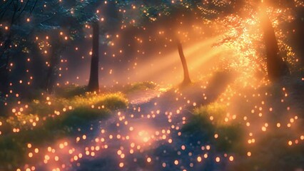 Wall Mural - Fantasy forest. Fairy tale magical morning forest with glowing fireflies. Magical particles swirl among the fantastically enchanted trees. Mystical woods. sparkling lights