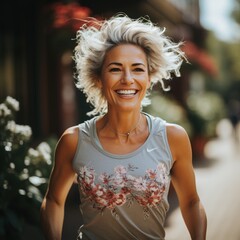 Poster - Happy blonde woman jogging in the city