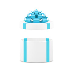 Wall Mural - White elegant circle gift box with open cap and stylish blue bow ribbon 3d icon realistic vector