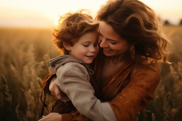 Mom hugging her son at sunset in nature or park in summer or autumn. Mother's Day heartwarming photo. Love, warm emotional relationship, parenthood, family concept. 