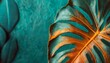 Nature background made with monstera plant leaves close-up in teal and orange tones. Copy space