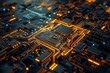 © Nailya - Electronic circuit board, computer motherboard with gold backlight. Futuristic design, advanced technologies. Generative AI