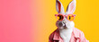 Creative, innovative Animal Design. Rabbit in Chic High-End Fashion, Isolated on a Bright Background for Advertising, with Space for Text. Birthday Party Invitation Banner