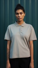 Wall Mural - Portrait of a young woman in a beige polo shirt