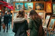Two woman vacationing together in Europe, admire the paintings at market stall. 