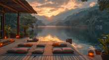 A Serene Yoga Retreat Setting, Nestled Between Lush Mountains And A Tranquil Lake, With Participants Engaged In A Sunrise Yoga Session On A Wooden Deck, Surrounded By Nature's Beau