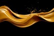 Golden wave, liquid splash, metallic swirl, cosmetic oil, splashing clip art, artistic paint, abstract design element on black background. Generative AI