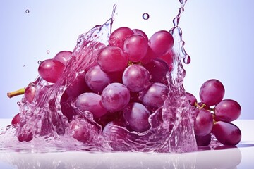 Purple grapes in a splash of water and grape juice on a white background