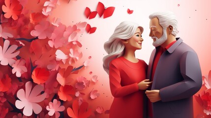 Wall Mural - Generative AI origami spring background, joyful elderly, happy couple, spring colorful. Paper cut craft, 3d paper style, pop color. Valentine day concept. Love concept art.. valentine lov