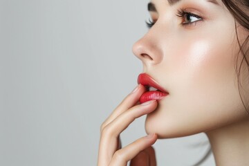 Poster - Beautiful model woman posing on white studio background, close up shot