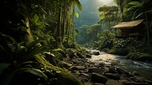 A Hidden Wooden Hut Surrounded By Tropical Greenery, With A Natural Symphony Of Jungle Sounds Echoing In The Background -Generative Ai