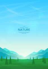 Wall Mural - flat vector image. green valley and trees in the foreground. mountains and hills in the distance. da