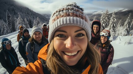 Wall Mural - Group of friends on a snowy mountaintop