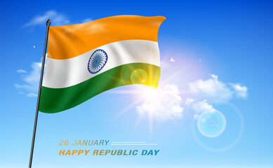 Wall Mural - 26 january happy republic day India greeting card design. Tricolor flag and sky background.