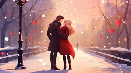 Wall Mural - Cute cuple at christmas street. valentine love woman and man winter png like style