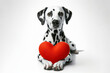 Dalmatian dog with big red Heart on solid white background. ai generative