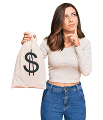 Poster - Young brunette woman holding dollars bag serious face thinking about question with hand on chin, thoughtful about confusing idea