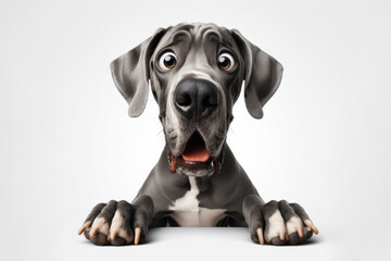 Wall Mural - full body photo Funny Portrait of surprised Great Dane dog with Huge Eyes on solid white background. ai generative