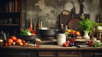 Wall Mural - cooking kitchen food background illustration chef recipe, ingredients utensils, oven cutting cooking kitchen food background