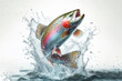 Photo of a Rainbow trout jumping up and splashing on white background. ai generative