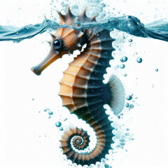 photo of a Seahorse floating under water in the sea splashing on white background. ai generative