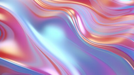 Wall Mural - An abstract abstract in 3d has an iridescent wavy background with vivid liquid reflections and a neon holographic fluid distortion surface.