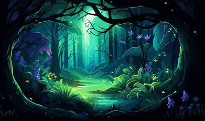 Poster - mystical forest with bioluminescent plants vector isolated illustration