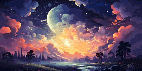 vector illustration of cumulonimbus clouds at night with a background of starry night and a big full