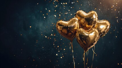 Wall Mural - Generative AI, Foil golden balloons in heart shape and confetti for Valentine's day or wedding with copy space	
