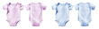 2 Set of pastel light blue purple violet, infant baby Bodysuit romper playsuit jumpsuit creepers, front back view on transparent background cutout, PNG file. Mockup template for artwork graphic design