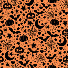 Canvas Print - Seamless monochrome pattern of halloween elements. Background with bats, pumpkins and stars