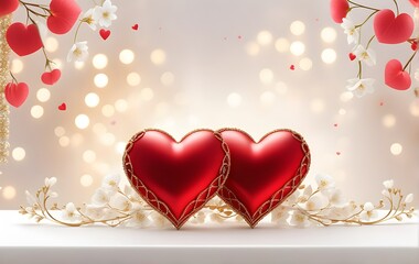 Valentine's Day greeting card with two hearts on bokeh gray background. Love and relationship concept	