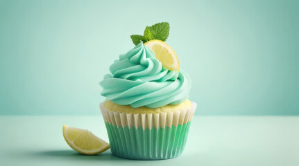 Wall Mural - vanilla cupcake with mint cream and lemon, citrus dessert, homemade pastries, lemon slice