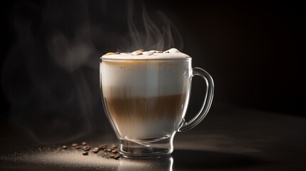 Realistic coffee in a glass cup, Hot drink background, cappuccino drink on the black background